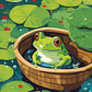 Frog Taking a Bath paint by numbers kit, a little green frog relaxing in a wooden tub among lily pads