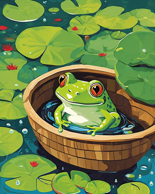 Frog Taking a Bath paint by numbers kit, a little green frog relaxing in a wooden tub among lily pads