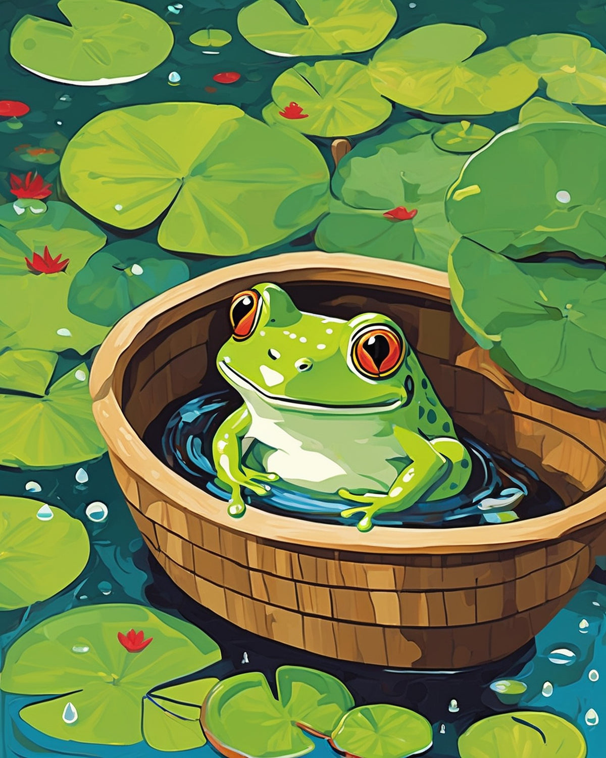 Frog Taking a Bath paint by numbers kit, a little green frog relaxing in a wooden tub among lily pads