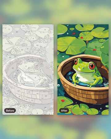 Frog Taking a Bath paint by numbers kit, before and after