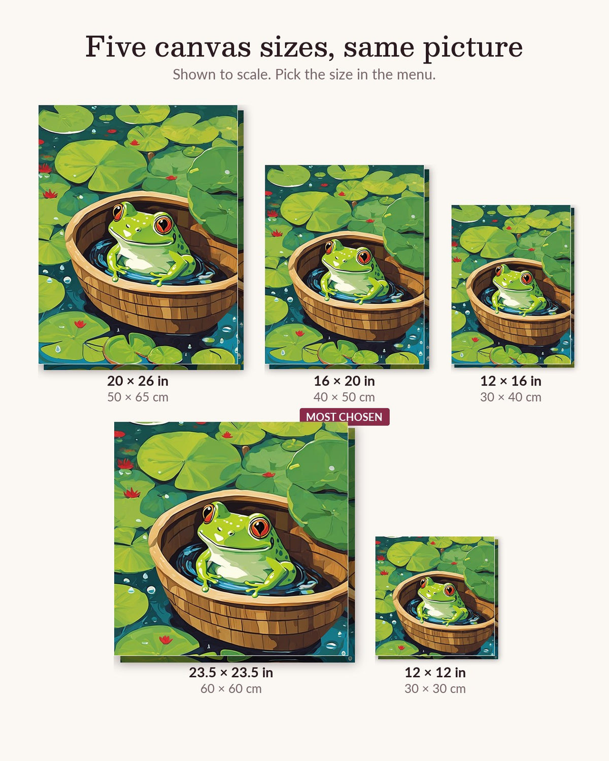 Frog Taking a Bath canvas sizes from 12 x 12 to 23.5 x 23.5 inches