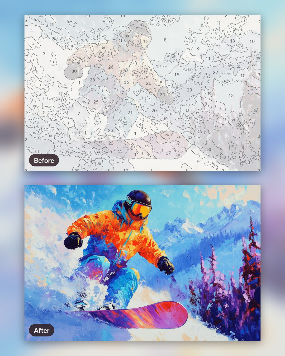Frozen Frenzy paint by numbers kit, before and after