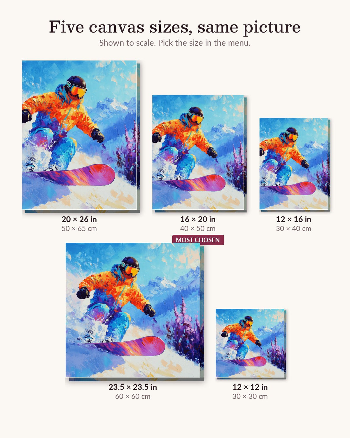 Frozen Frenzy canvas sizes from 12 x 12 to 23.5 x 23.5 inches