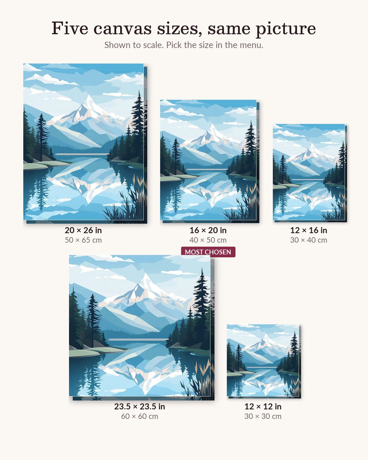 The Glacial Crest canvas sizes from 12 x 12 to 23.5 x 23.5 inches