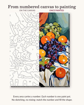 Fruit Bowl with Oranges and Grapes numbered canvas next to the finished painting