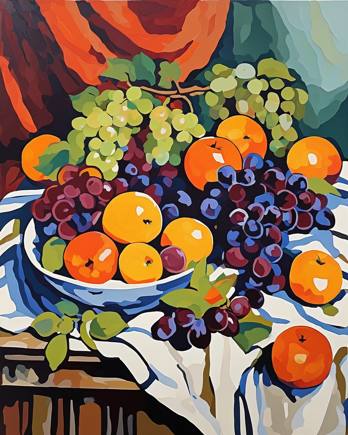 blue and white bowl of oranges and apples with purple and green grapes on a draped white cloth, paint by numbers kit