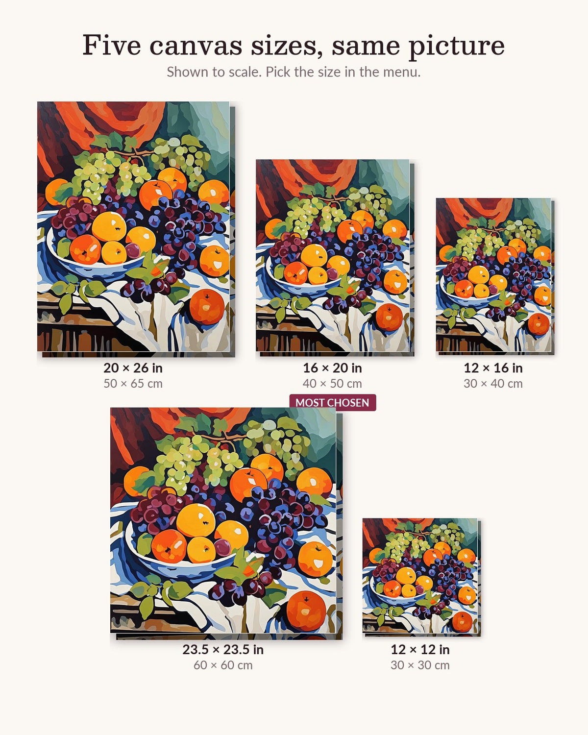 Fruit Bowl with Oranges and Grapes canvas sizes from 12 x 12 to 23.5 x 23.5 inches