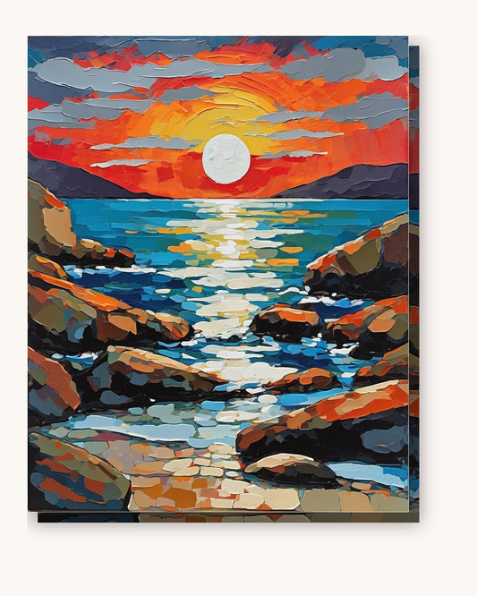 Full Moon Over a Rocky Shore paint by numbers kit on stretched canvas