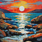 pale full moon over a calm sea with a bright path of light between orange rocks under a red sky, paint by numbers kit