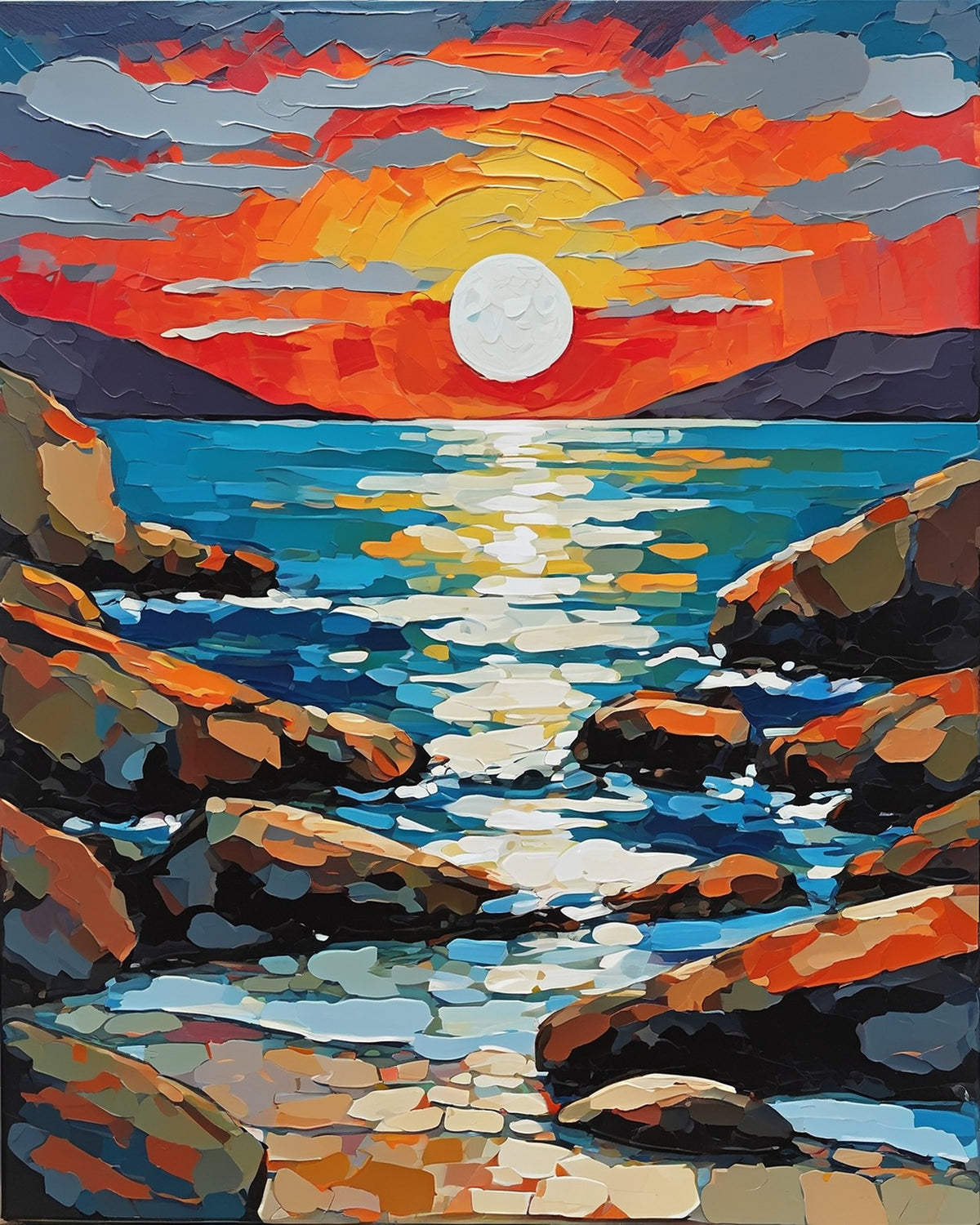 pale full moon over a calm sea with a bright path of light between orange rocks under a red sky, paint by numbers kit