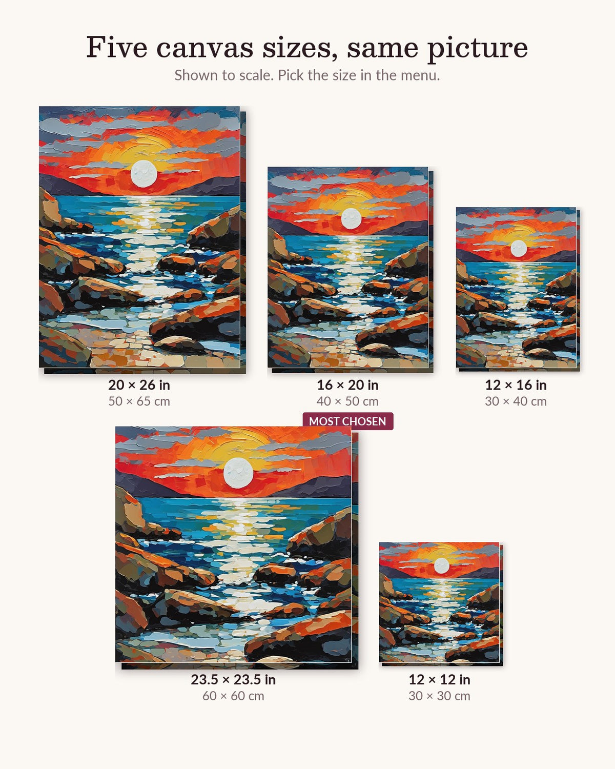 Full Moon Over a Rocky Shore canvas sizes from 12 x 12 to 23.5 x 23.5 inches