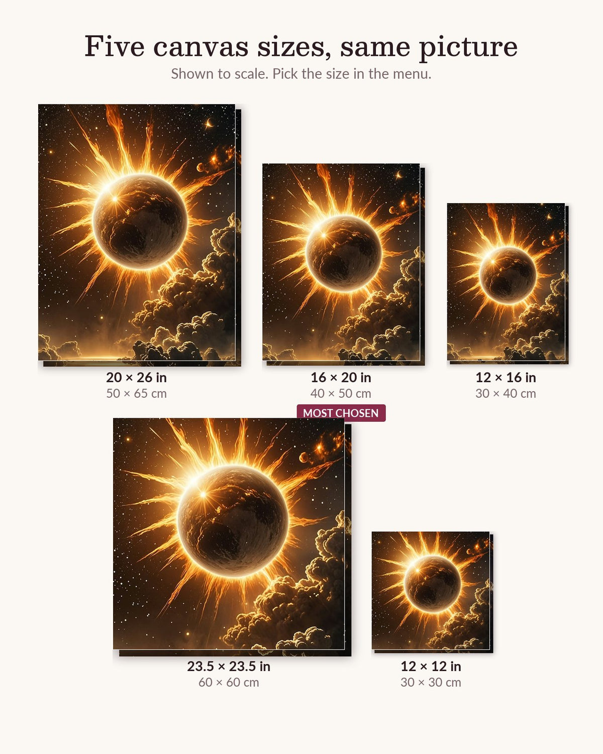Galactic Beacon canvas sizes from 12 x 12 to 23.5 x 23.5 inches