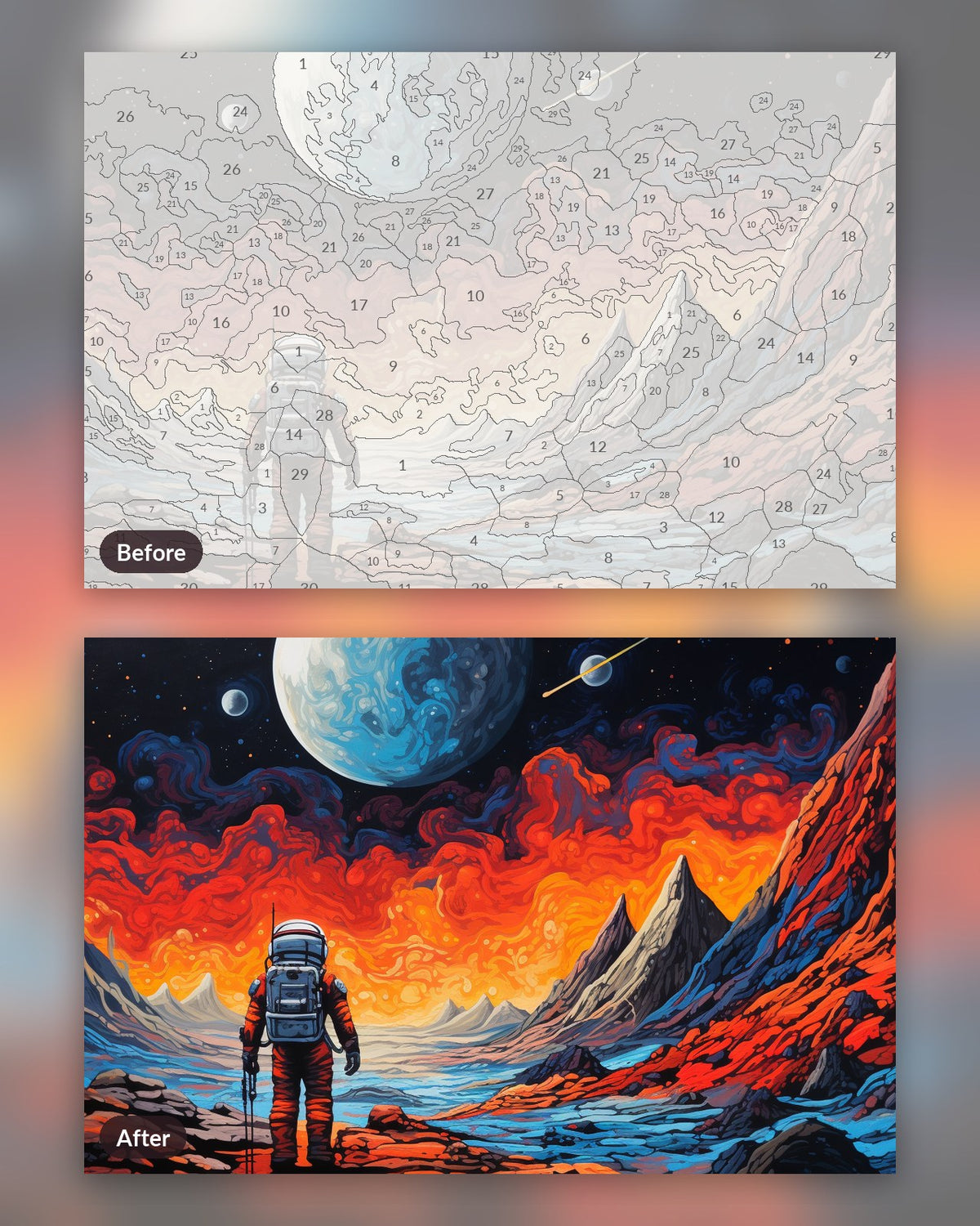 Galactic Journey paint by numbers kit, before and after