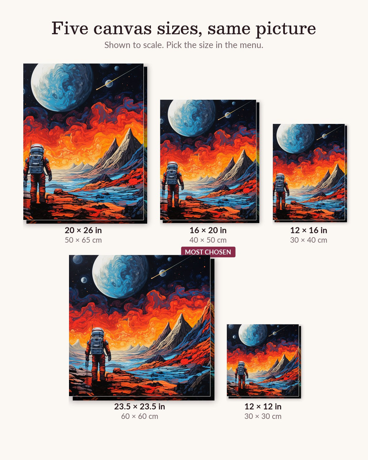 Galactic Journey canvas sizes from 12 x 12 to 23.5 x 23.5 inches