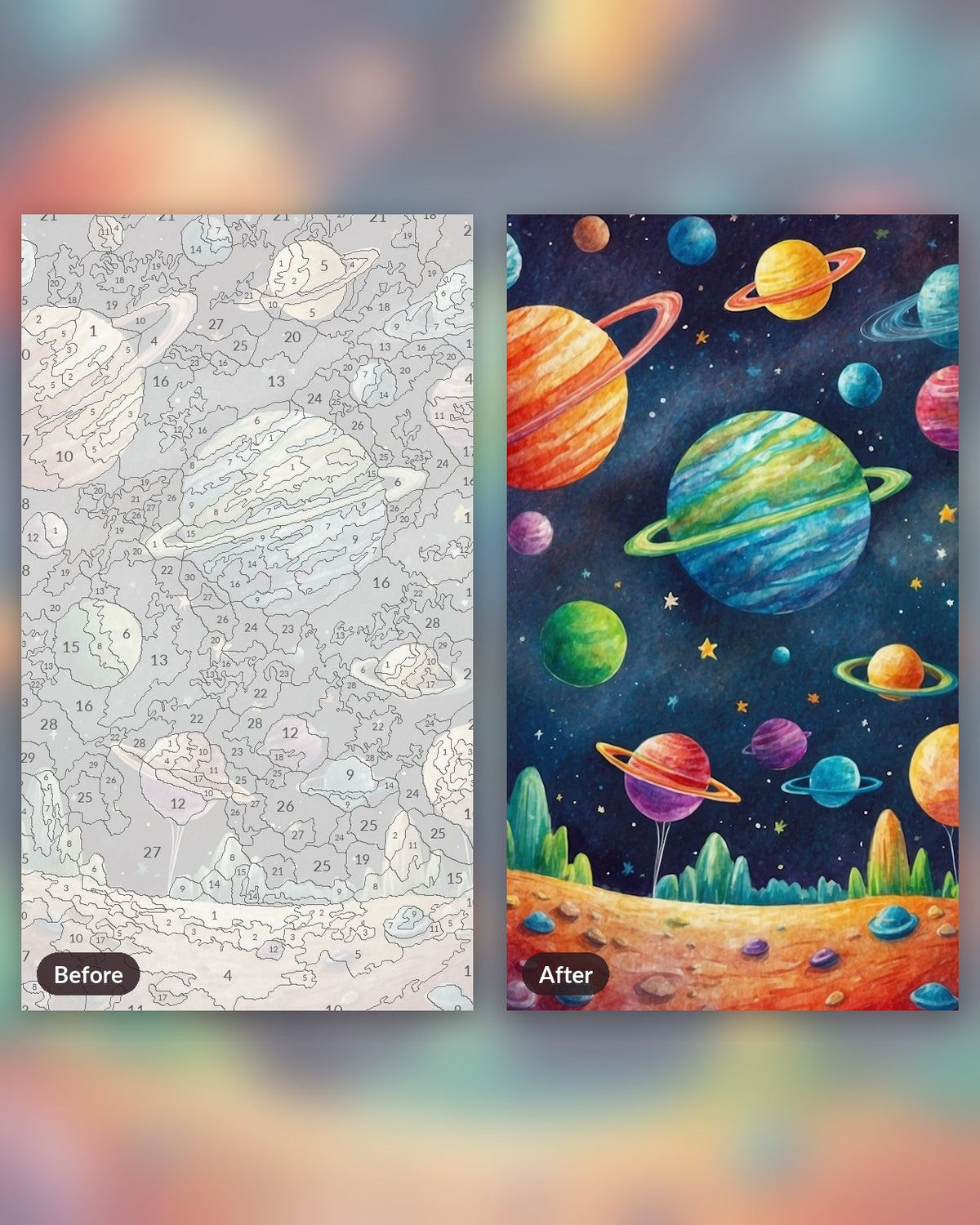 Galactic Orbs paint by numbers kit, before and after