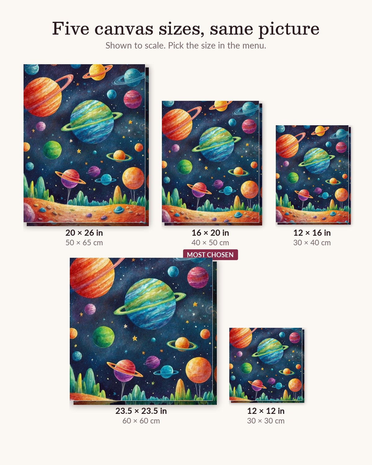 Galactic Orbs canvas sizes from 12 x 12 to 23.5 x 23.5 inches