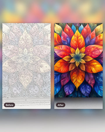 Galactic Petals paint by numbers kit, before and after