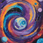 swirling purple orange and blue galaxy with a pale center and small planets and stars, paint by numbers kit