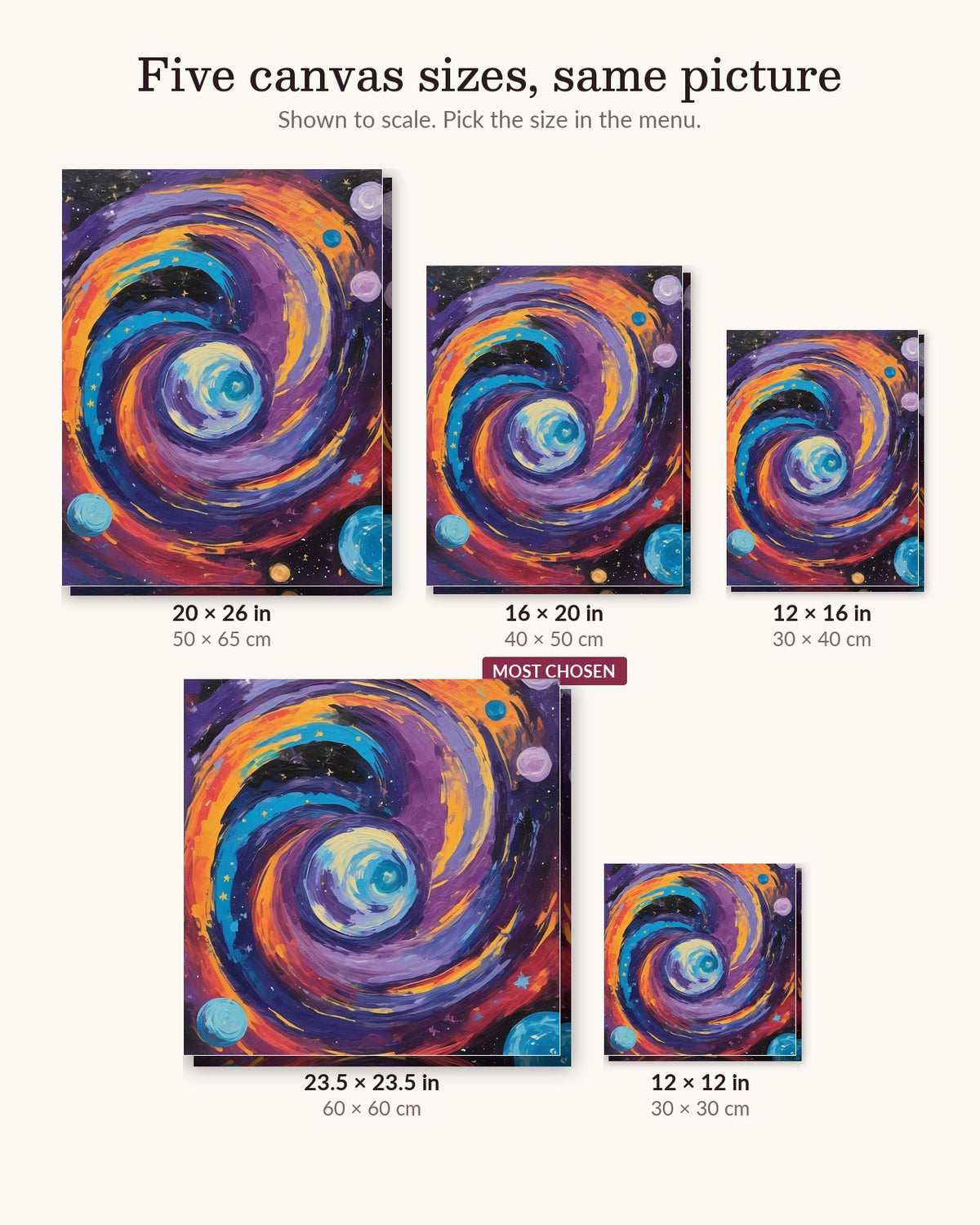 Galaxy Swirl with Ringed Planets canvas sizes from 12 x 12 to 23.5 x 23.5 inches