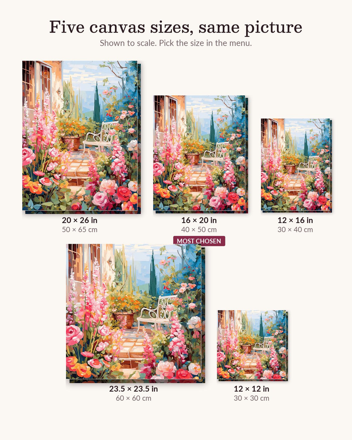 Garden Serenade canvas sizes from 12 x 12 to 23.5 x 23.5 inches