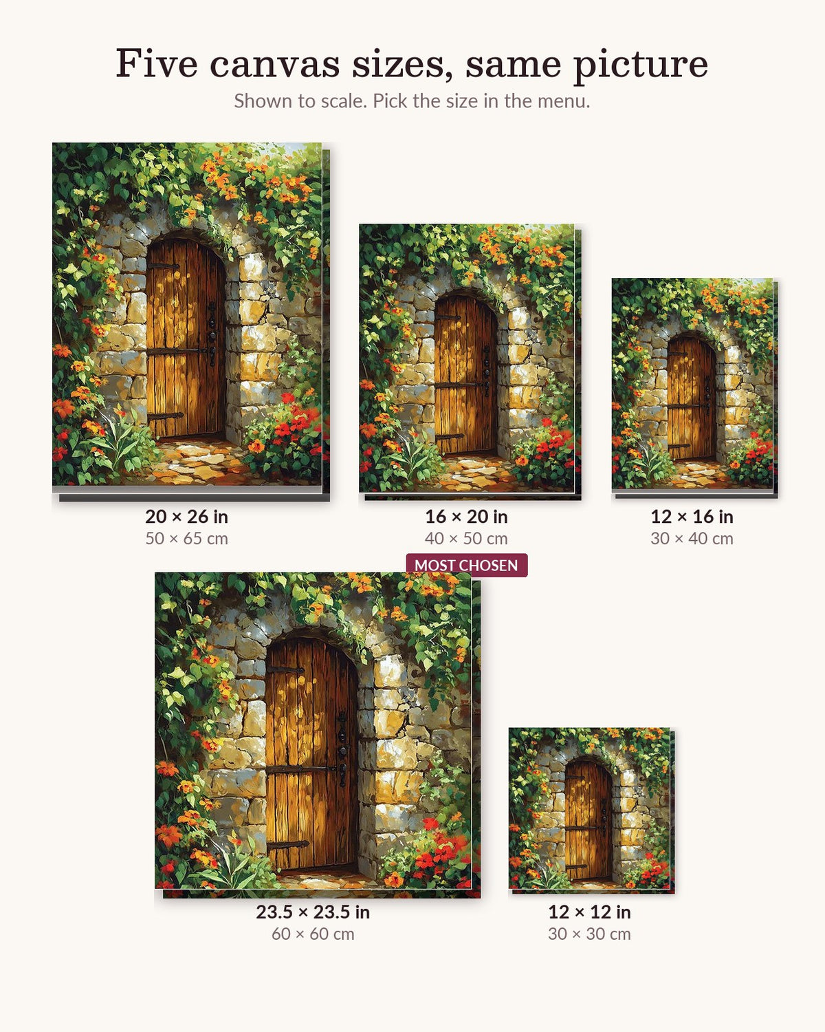 The Verdant Home canvas sizes from 12 x 12 to 23.5 x 23.5 inches