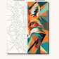 Geometric Fox in Orange and Teal numbered canvas next to the finished painting