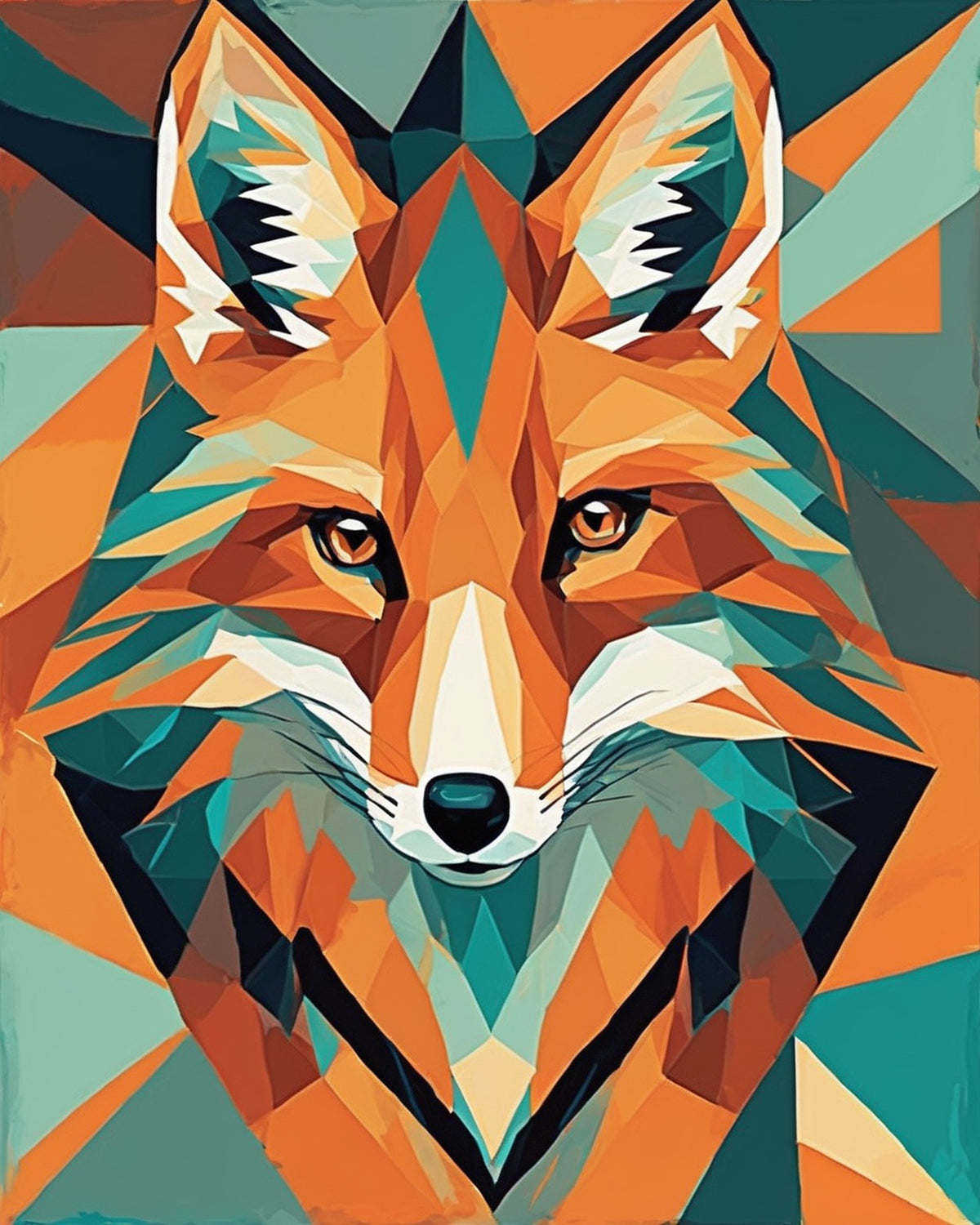geometric fox face made of orange teal cream and black triangles, paint by numbers kit