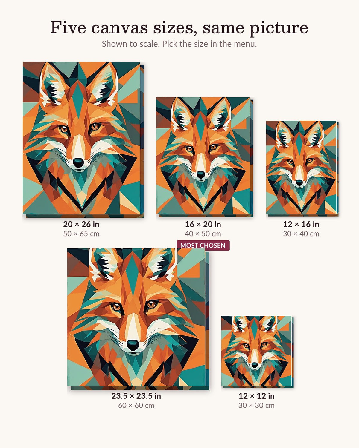 Geometric Fox in Orange and Teal canvas sizes from 12 x 12 to 23.5 x 23.5 inches