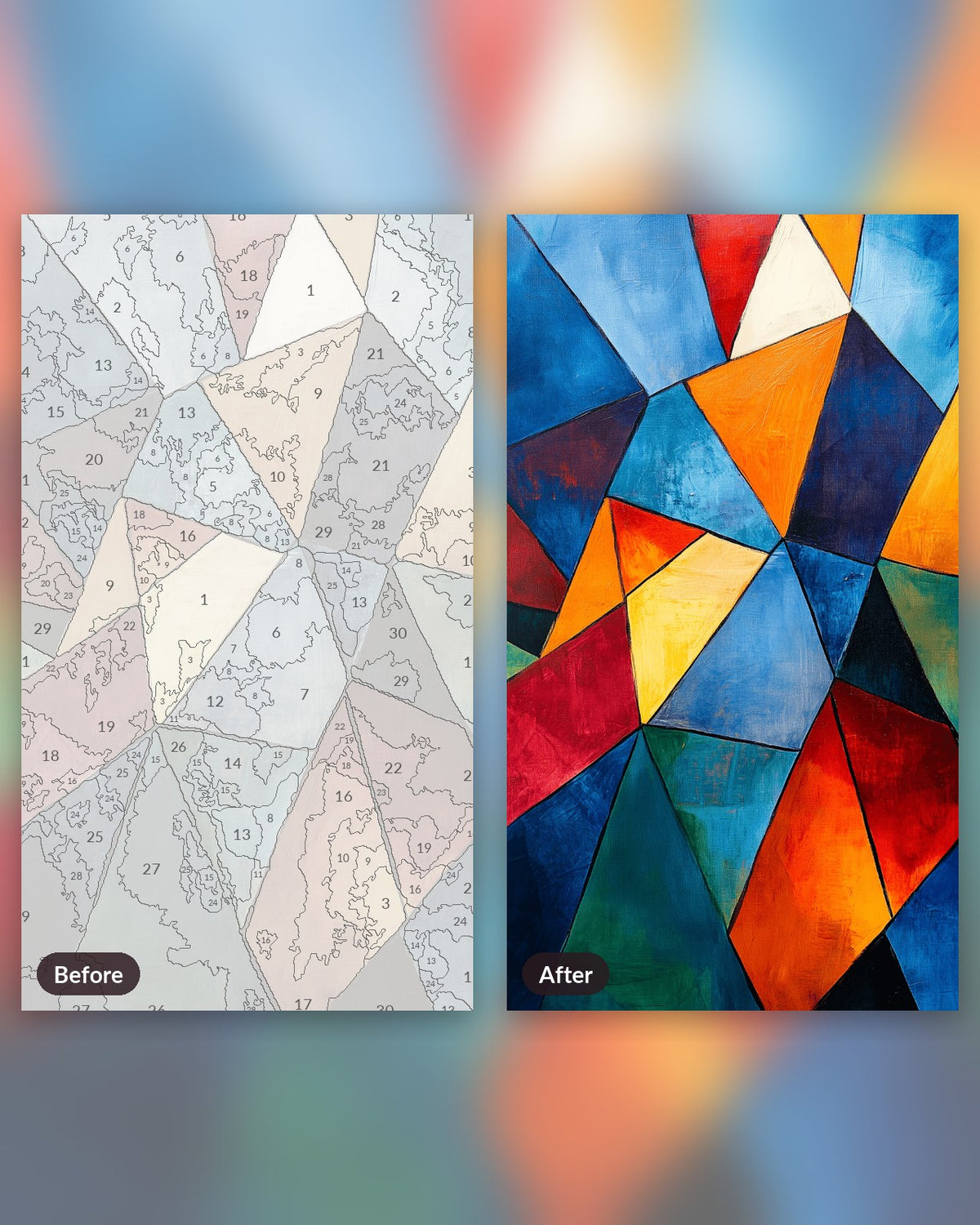 Geometric Rupture paint by numbers kit, before and after