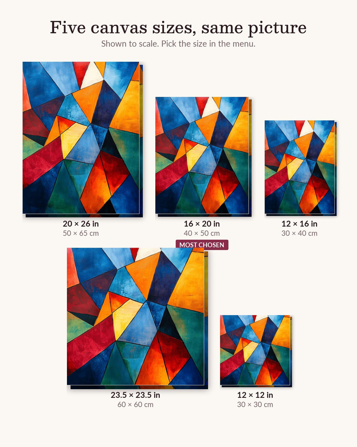 Geometric Rupture canvas sizes from 12 x 12 to 23.5 x 23.5 inches