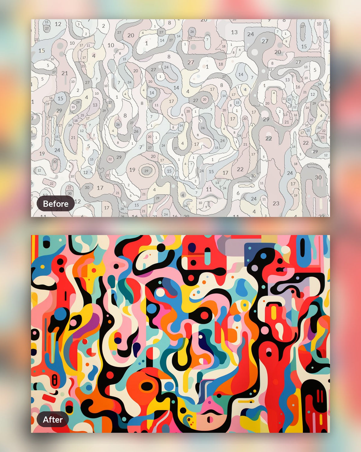 Geometry in Motion paint by numbers kit, before and after