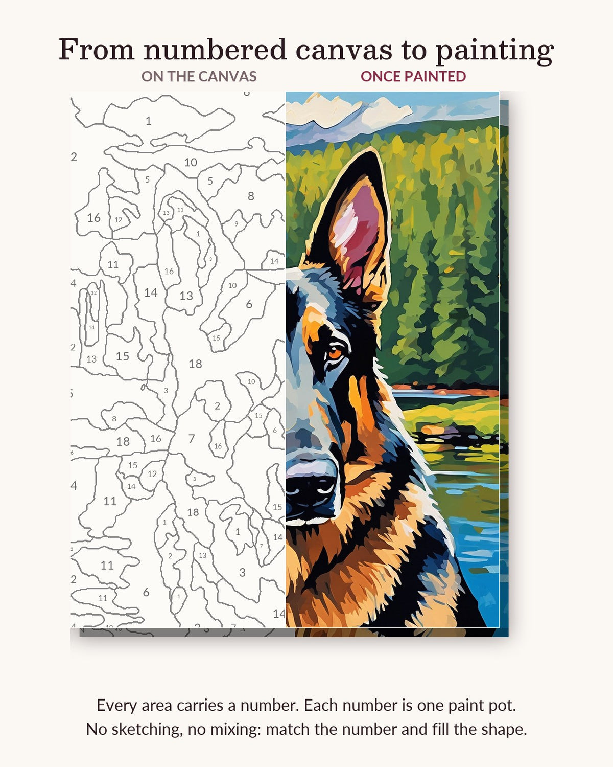 German Shepherd by the Mountain Lake numbered canvas next to the finished painting