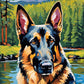 german shepherd portrait with upright ears beside a mountain lake and pine forest, paint by numbers kit