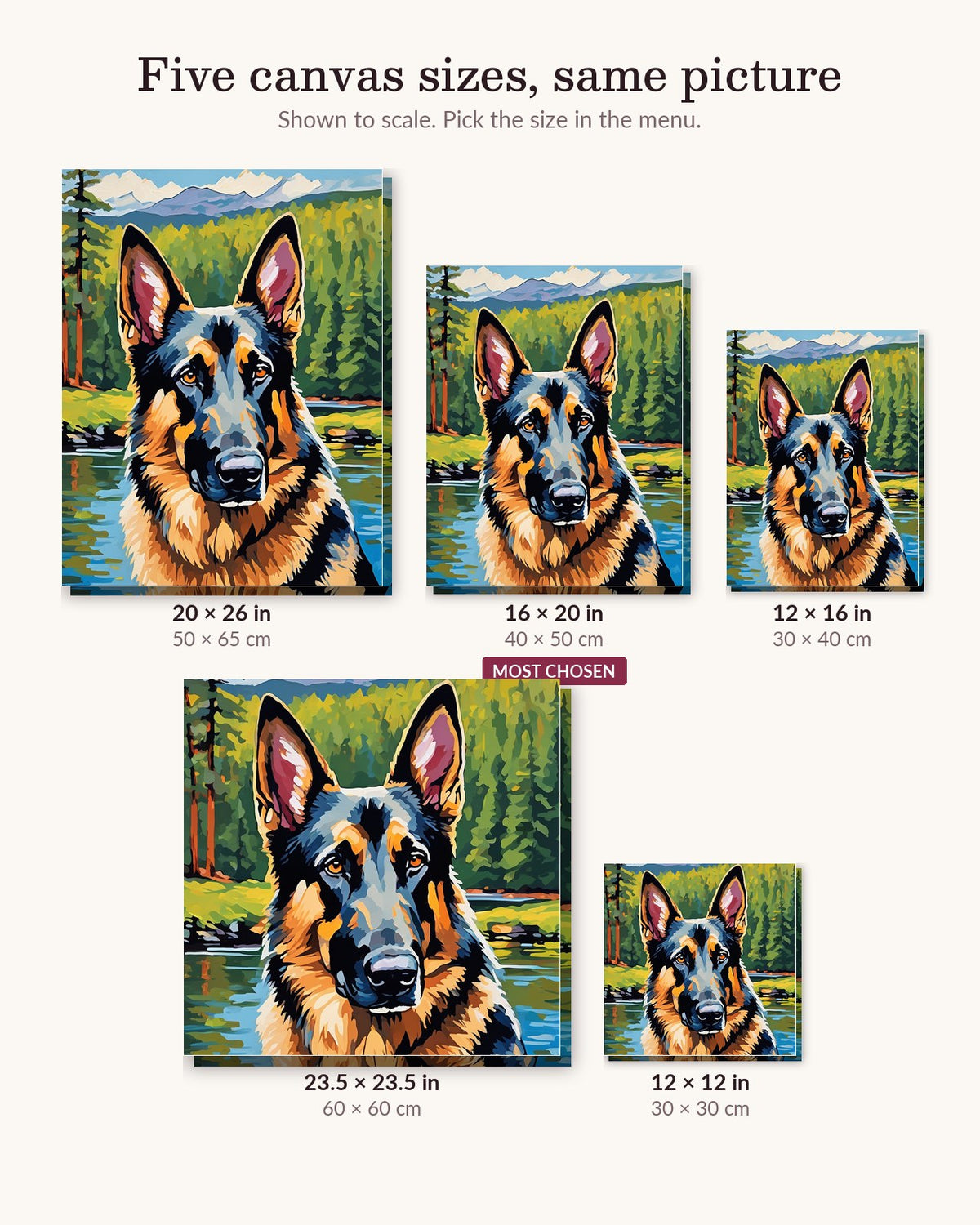 German Shepherd by the Mountain Lake canvas sizes from 12 x 12 to 23.5 x 23.5 inches