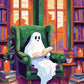 Ghost Reading Corner paint by numbers kit, white ghost reading a book in a green armchair