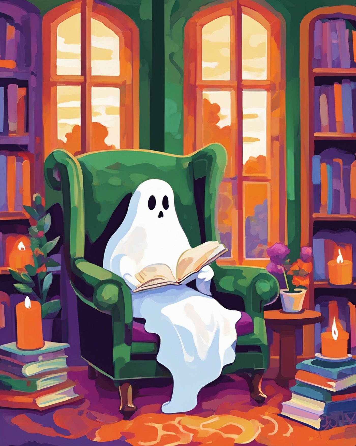 Ghost Reading Corner paint by numbers kit, white ghost reading a book in a green armchair