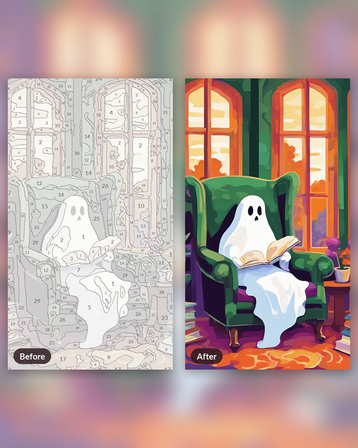 Ghost Reading Corner paint by numbers kit, before and after