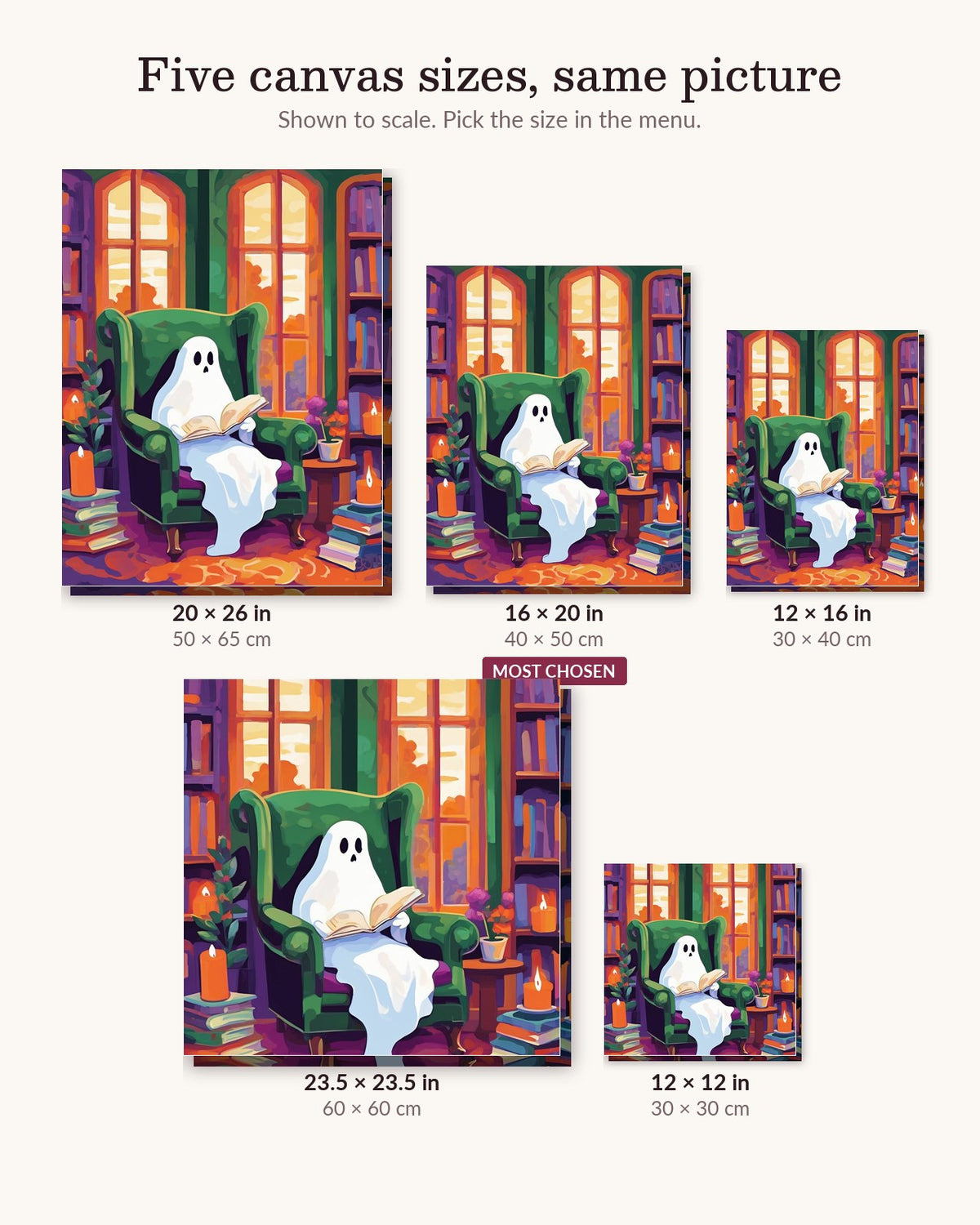 Ghost Reading Corner canvas sizes from 12 x 12 to 23.5 x 23.5 inches
