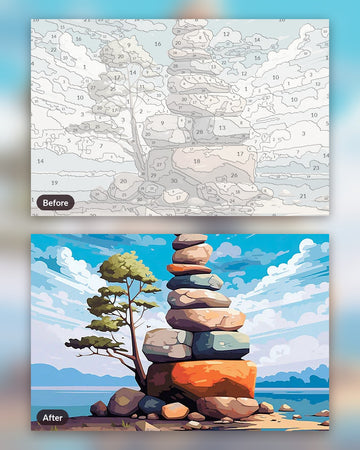 The Balanced Boulder paint by numbers kit, before and after