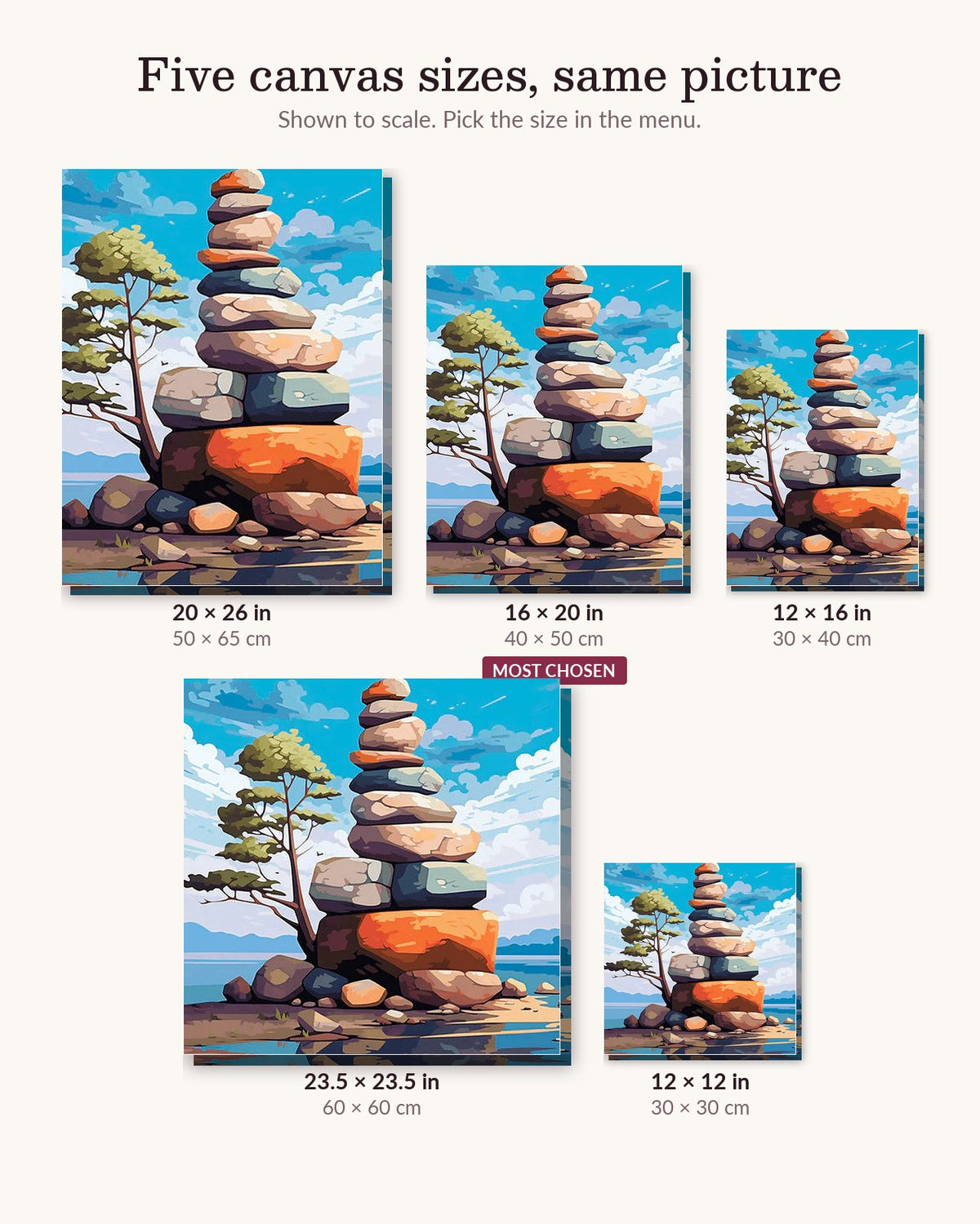 The Balanced Boulder canvas sizes from 12 x 12 to 23.5 x 23.5 inches
