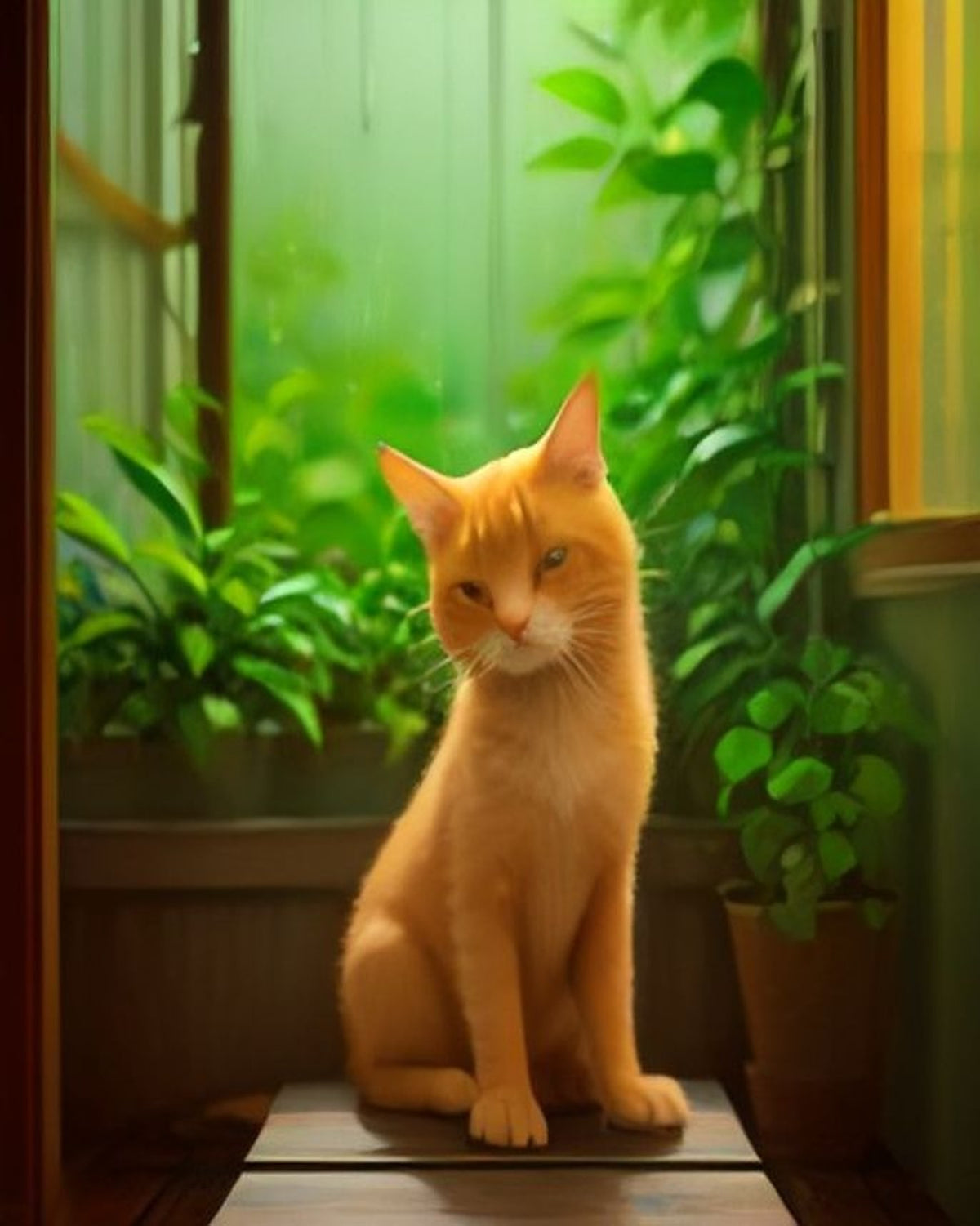 Ginger Cat at the Window paint by numbers kit, orange tabby cat with plants