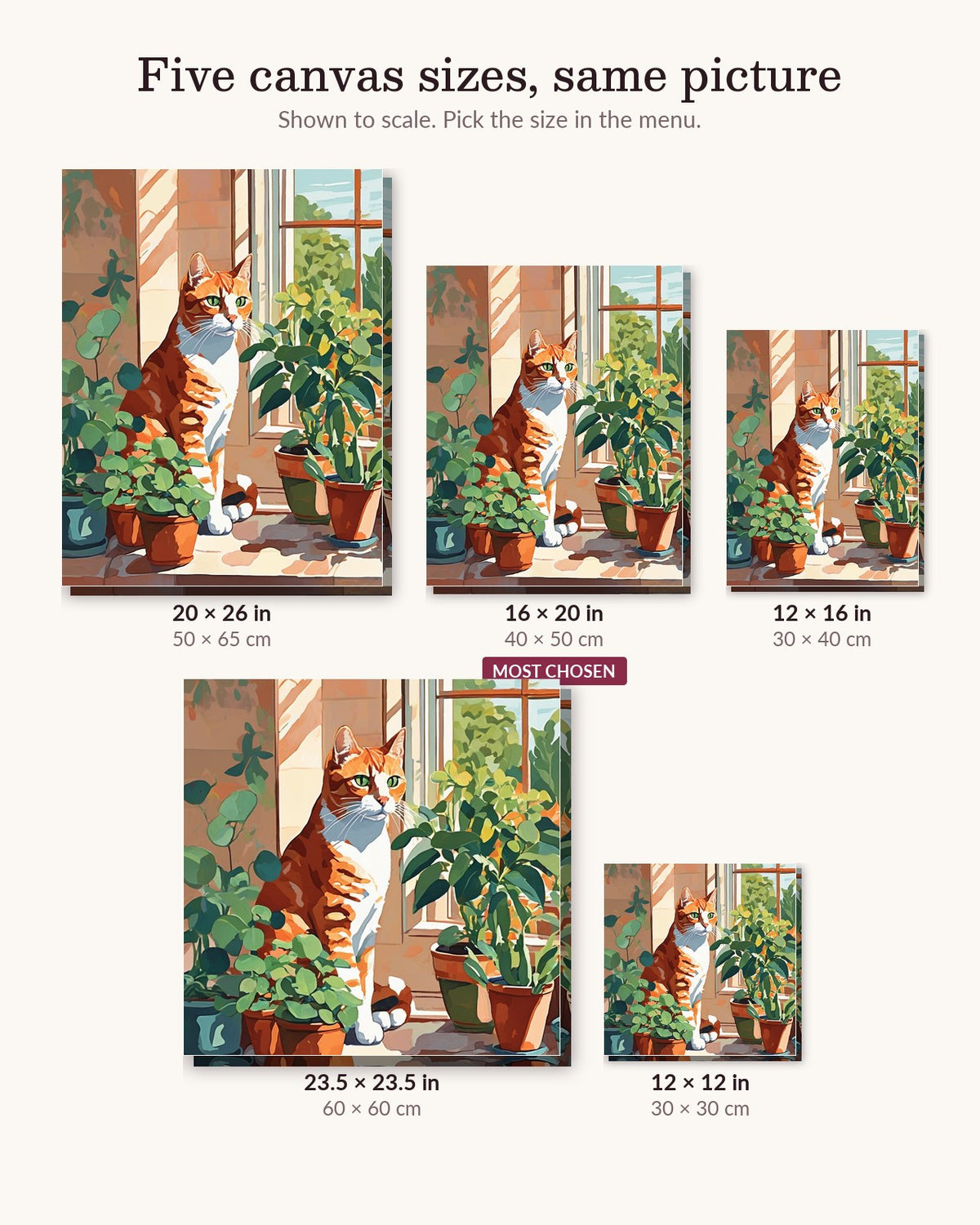 Ginger Cat at the Window canvas sizes from 12 x 12 to 23.5 x 23.5 inches