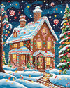Gingerbread House in the Snow paint by numbers kit, decorated gingerbread house with candy trim in snow