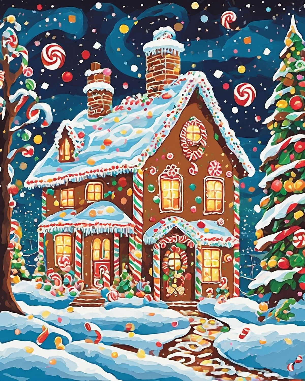 Gingerbread House in the Snow paint by numbers kit, decorated gingerbread house with candy trim in snow