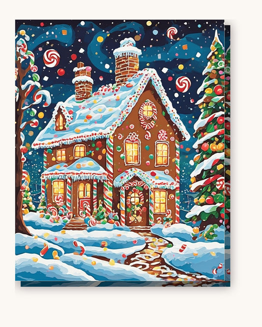 Gingerbread House in the Snow paint by numbers kit on stretched canvas
