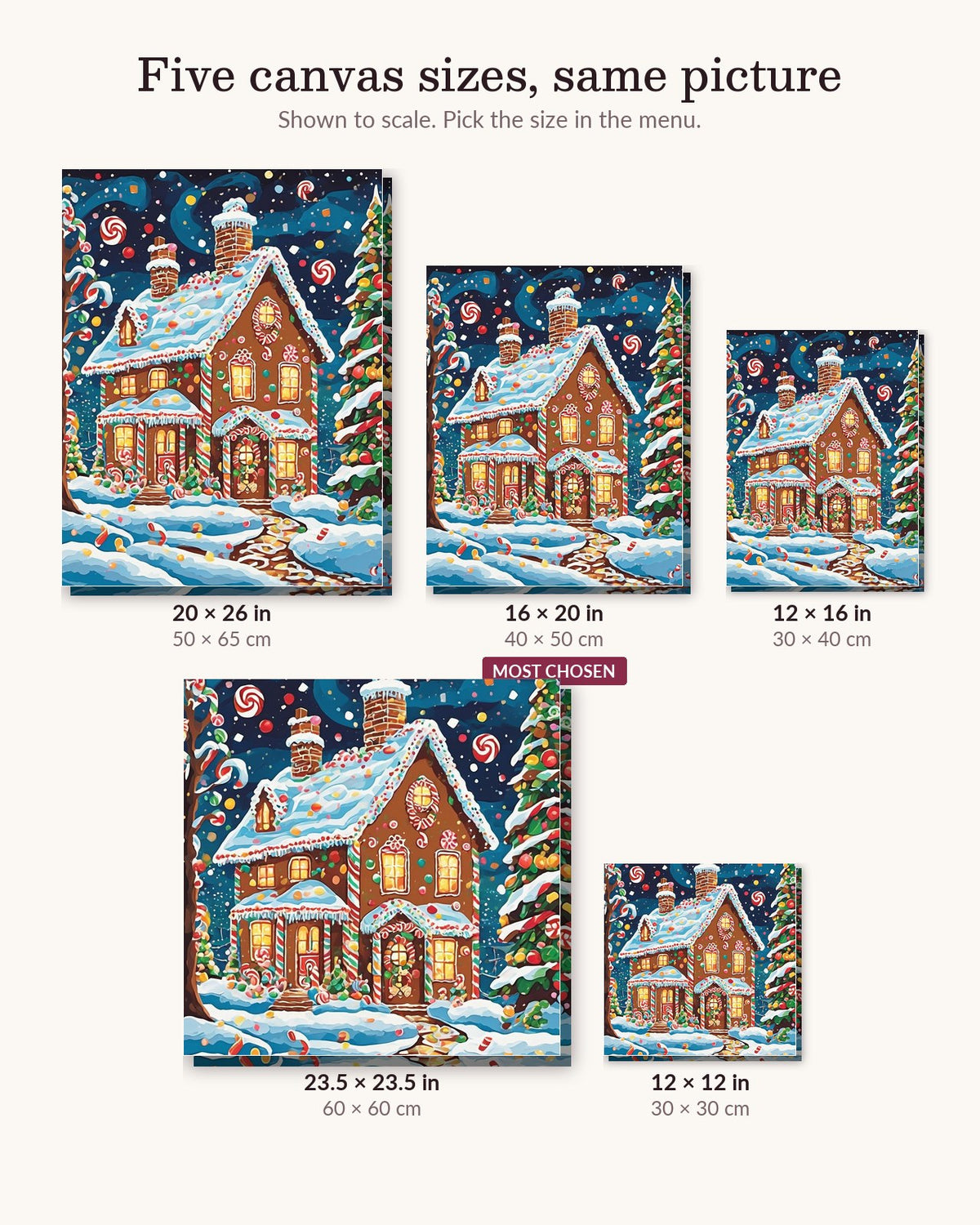 Gingerbread House in the Snow canvas sizes from 12 x 12 to 23.5 x 23.5 inches