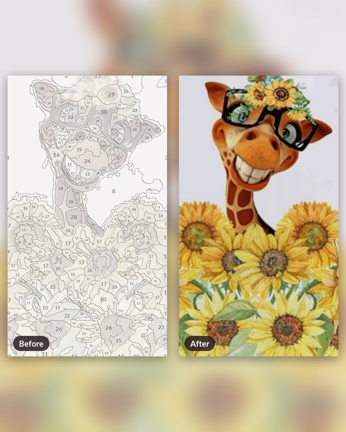 Giraffe With Sunflowers paint by numbers kit, before and after