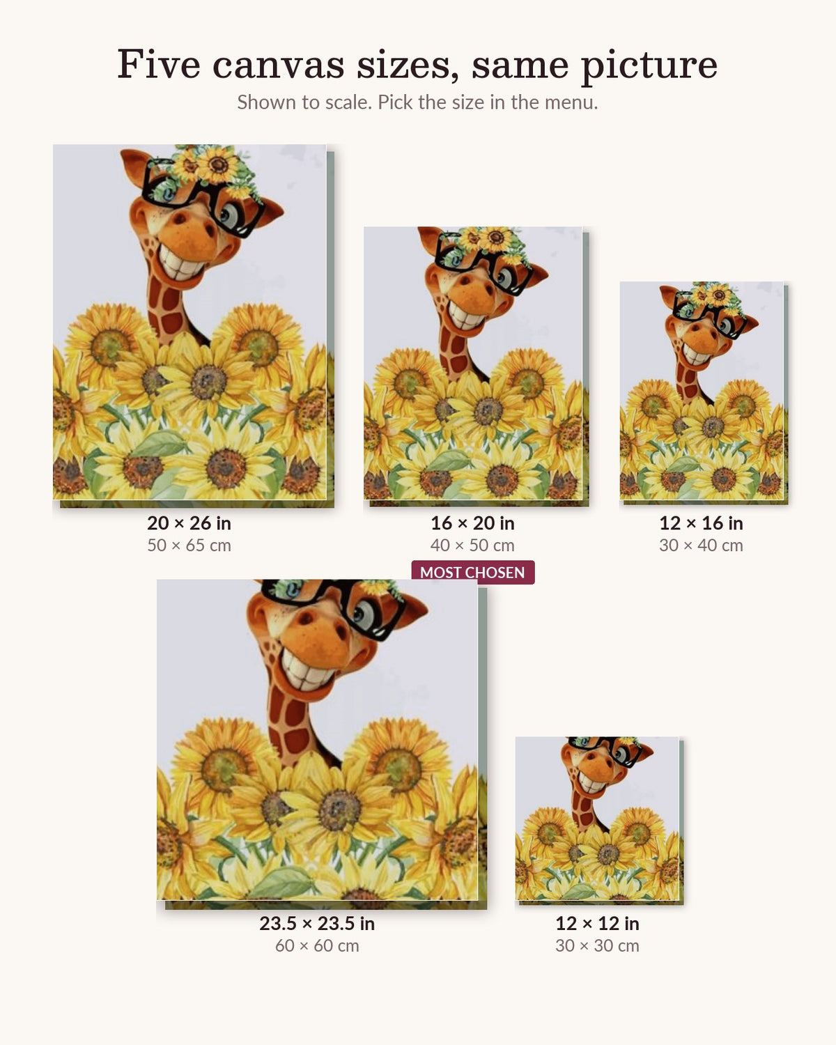 Giraffe With Sunflowers canvas sizes from 12 x 12 to 23.5 x 23.5 inches