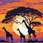 silhouettes of three giraffes beside an acacia tree under a large sun and an orange and purple sky, paint by numbers kit