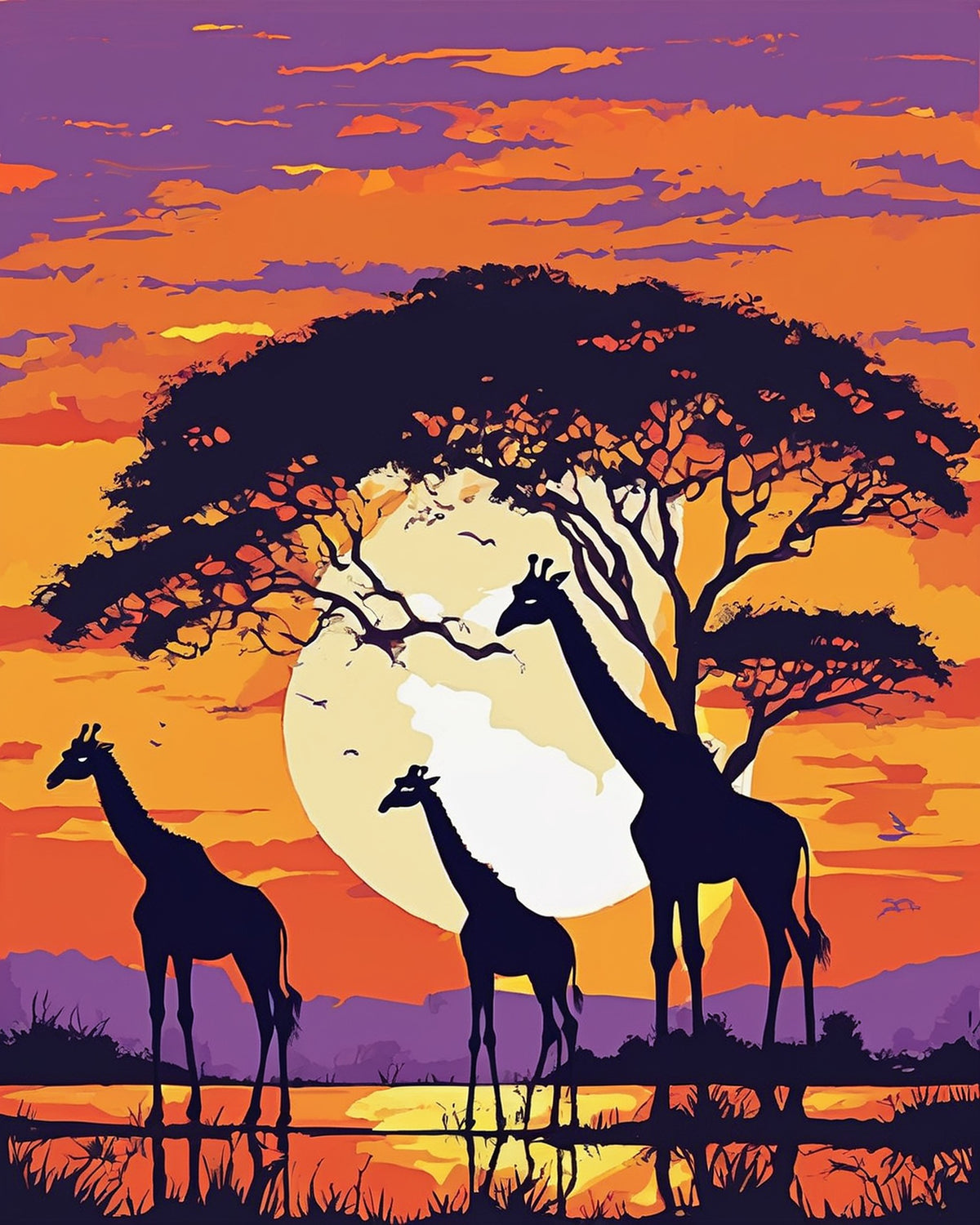 silhouettes of three giraffes beside an acacia tree under a large sun and an orange and purple sky, paint by numbers kit